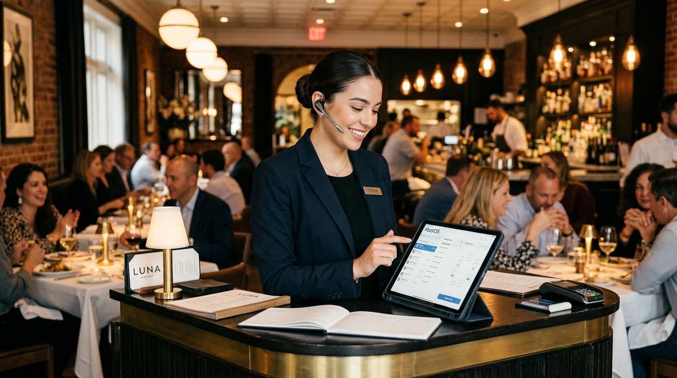 Poised smiling bilingual restaurant hostess wearing professional headset assisting takeout phone caller
