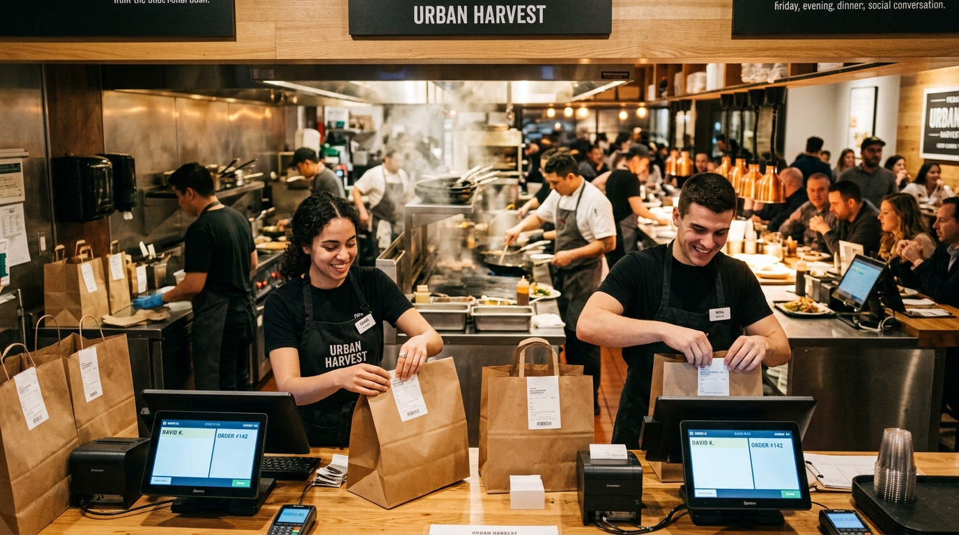 Bustling fast-casual restaurant counter with cashier smiling and order receipts flowing during dinner rush