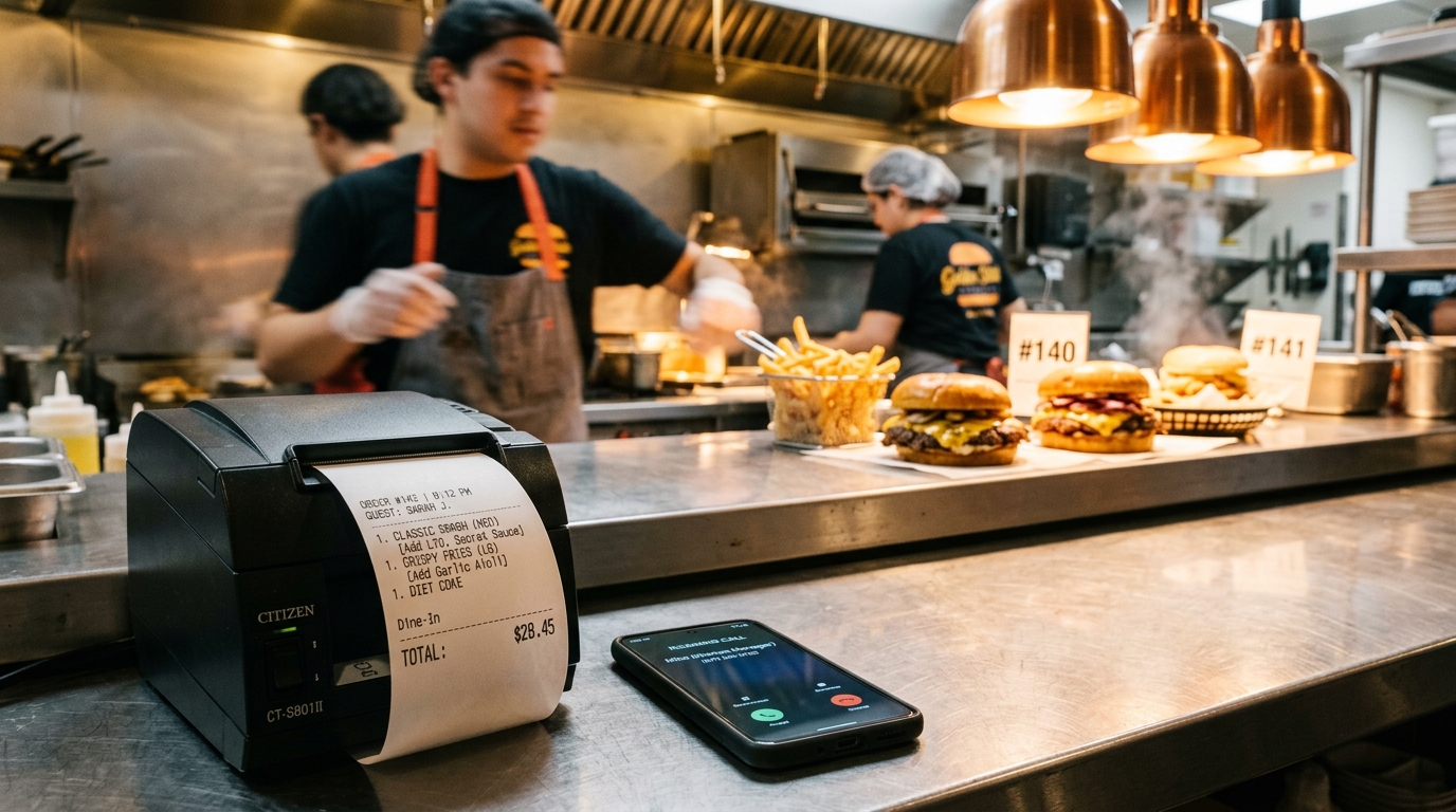 Thermal receipt printer dispensing food order ticket on restaurant kitchen pass next to phone