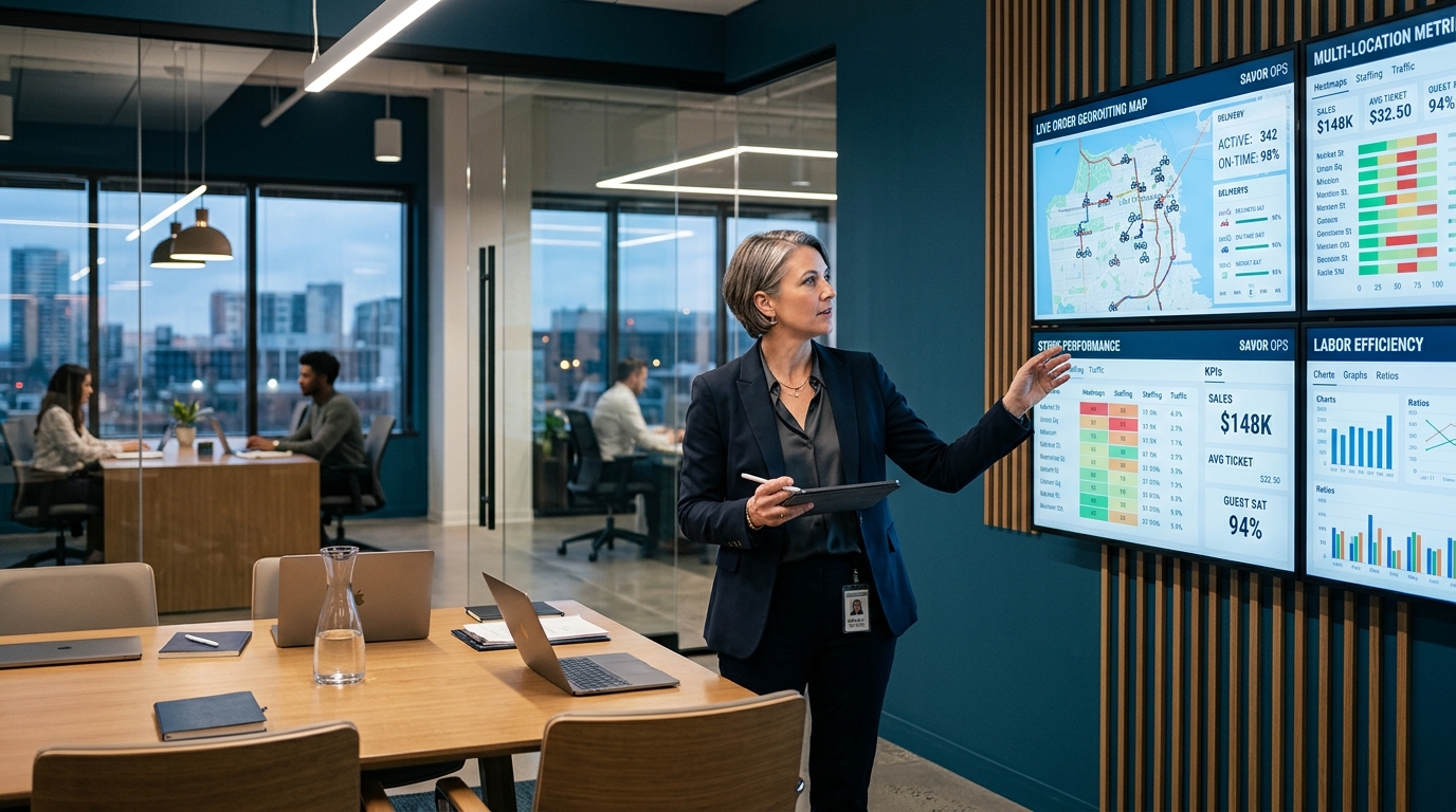 Modern restaurant enterprise headquarters office with operations director reviewing multi-location branch metrics