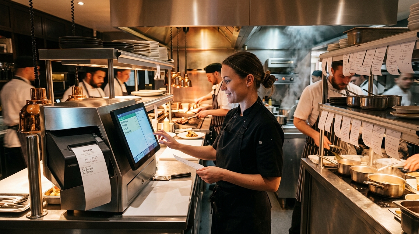 Modern restaurant kitchen ordering dispatch station with automated ticket printer and digital display operating seamlessly